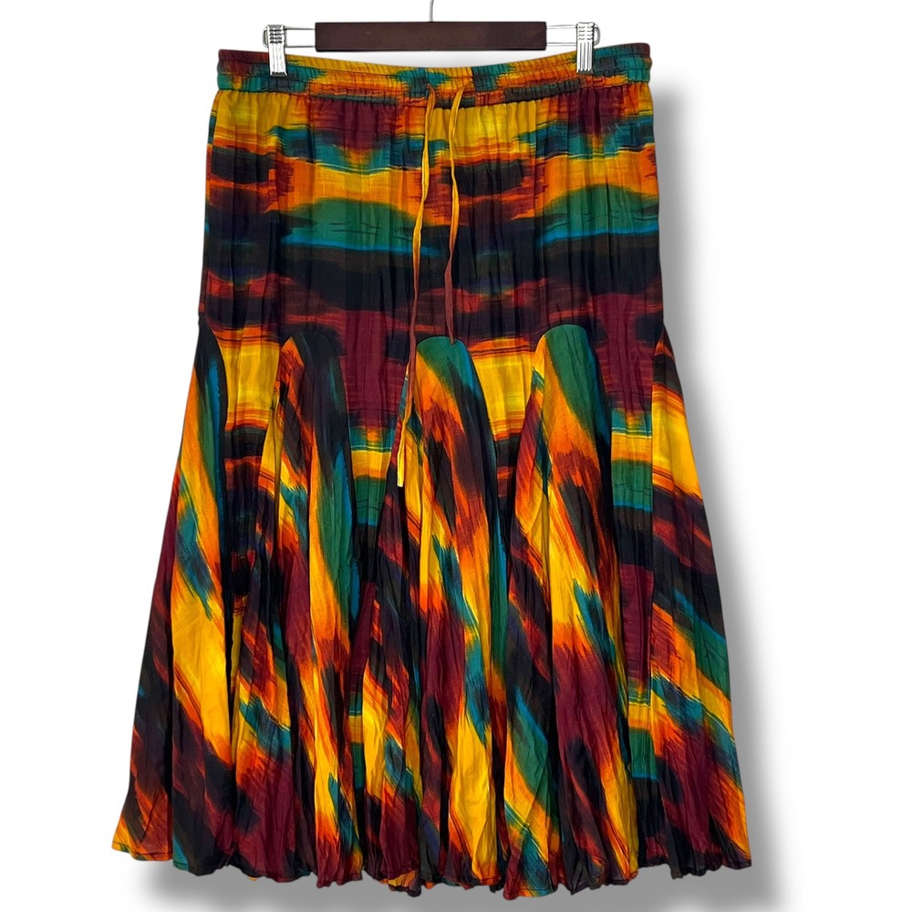 Tease‎ Boho Multicolor Crinkle Maxi Skirt XL Abstract Elastic Waist Drawstring